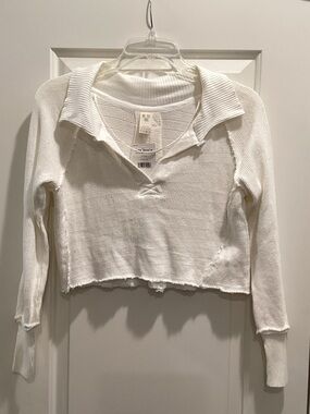 Free People White Ribbed Collared Cropped Pullover